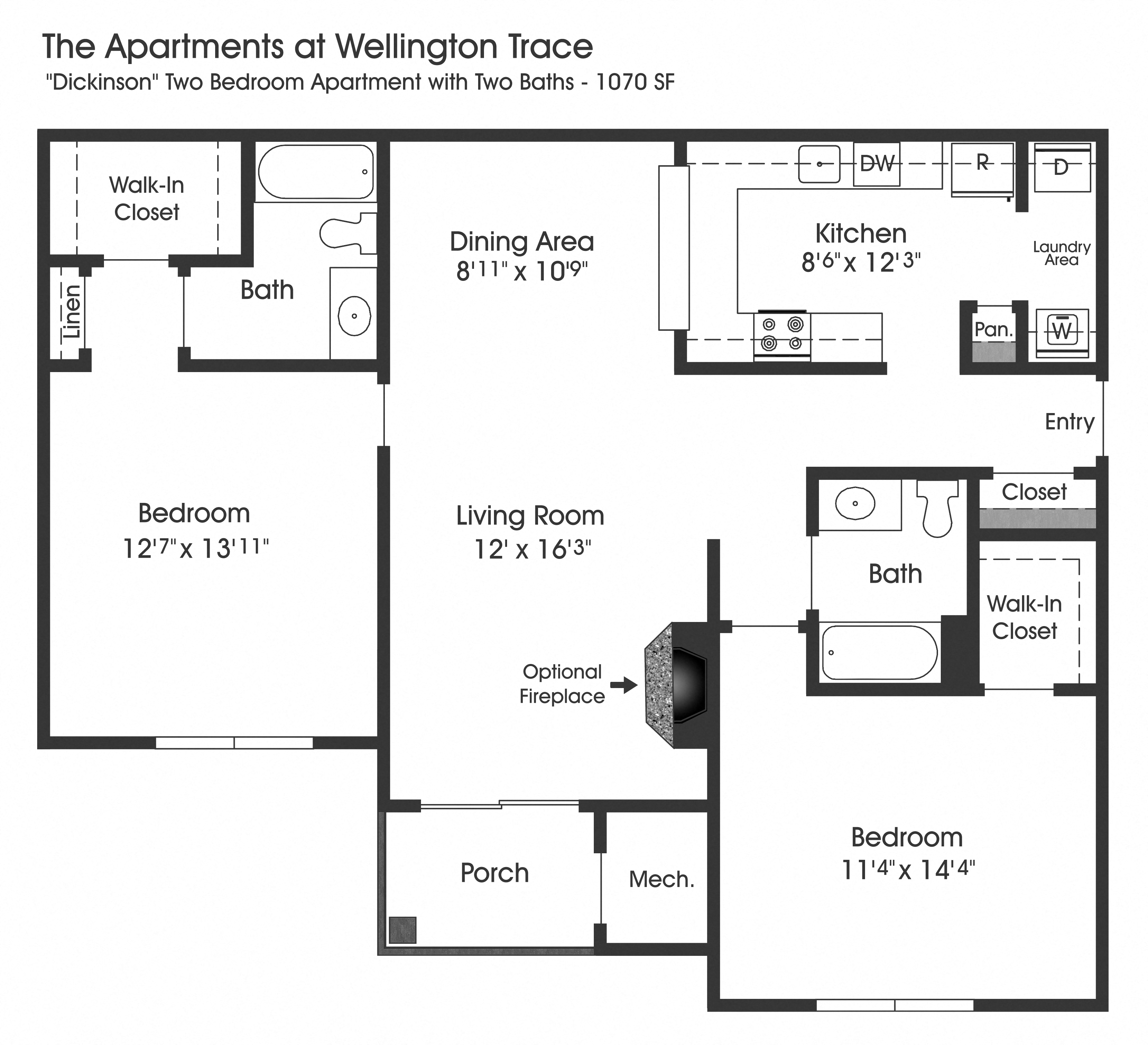 Floor plan for 2 beds, 2 baths, 1070 sqft